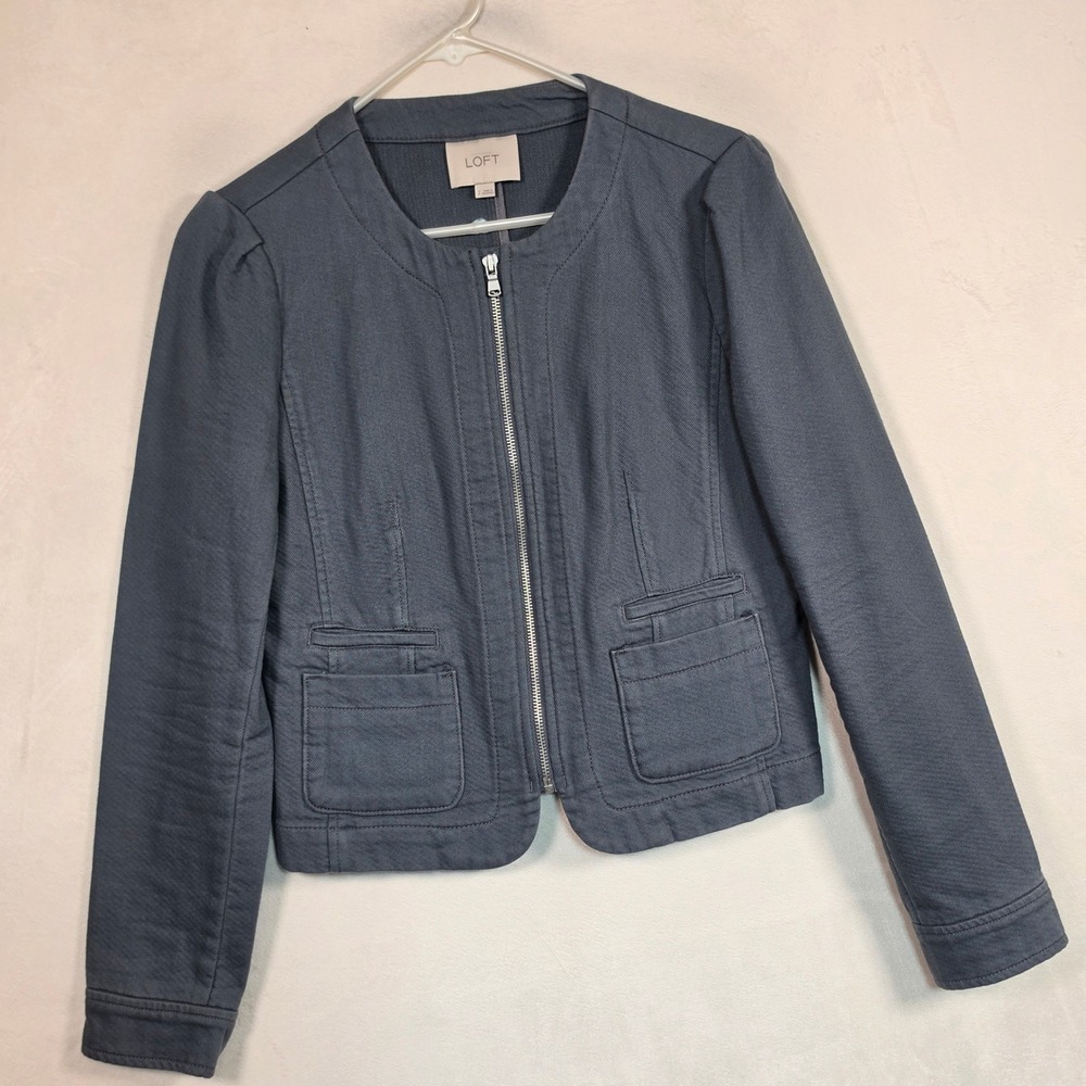 LOFT‎ Jacket Women's 2 Blue Gray Cotton Zip Front Utility Career Casual Cropped - Picture 9 of 13